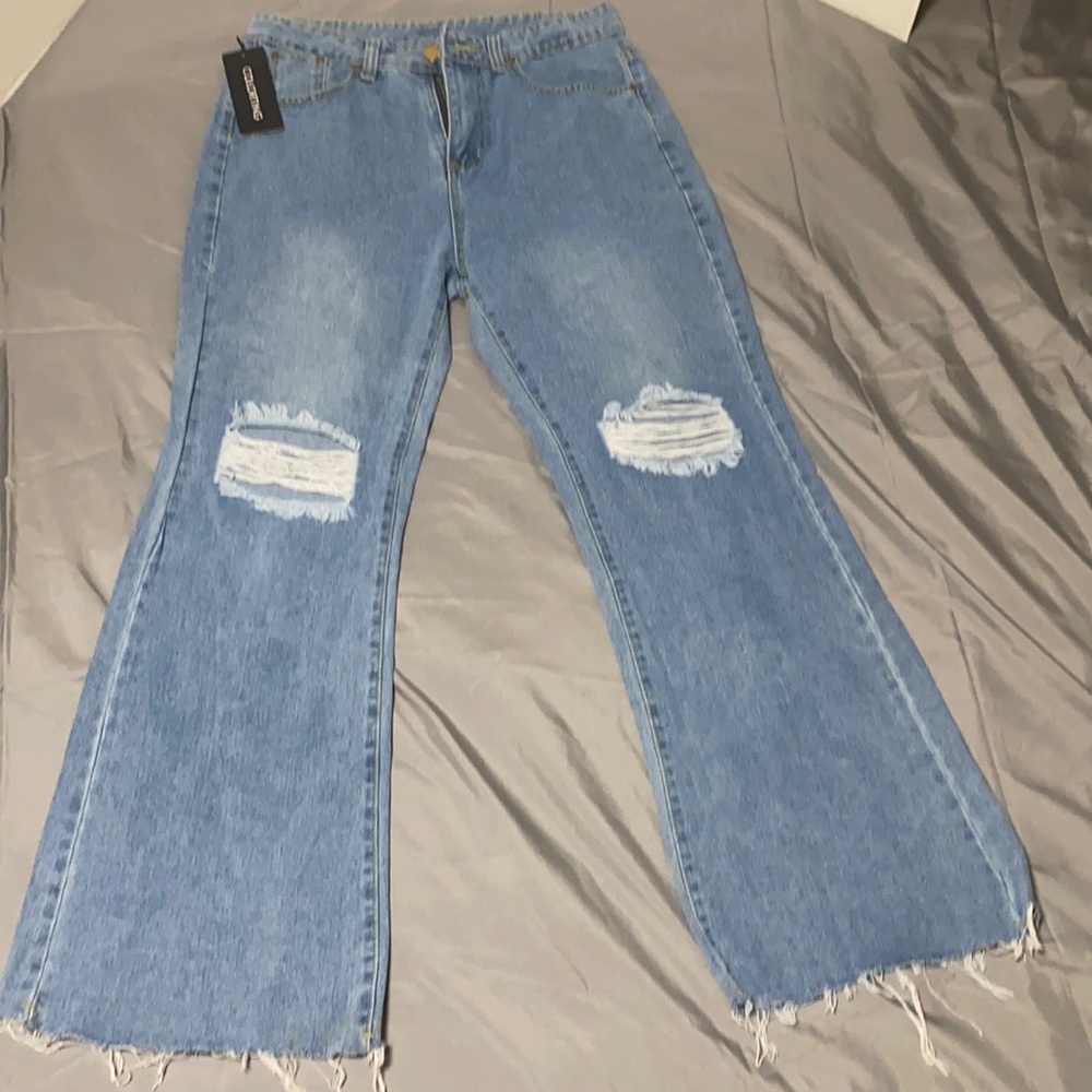NWT COLORTING JEANS HIGH RISE WIDE LEG RAW HEM DISTRESSED KNEE NON STRETCH